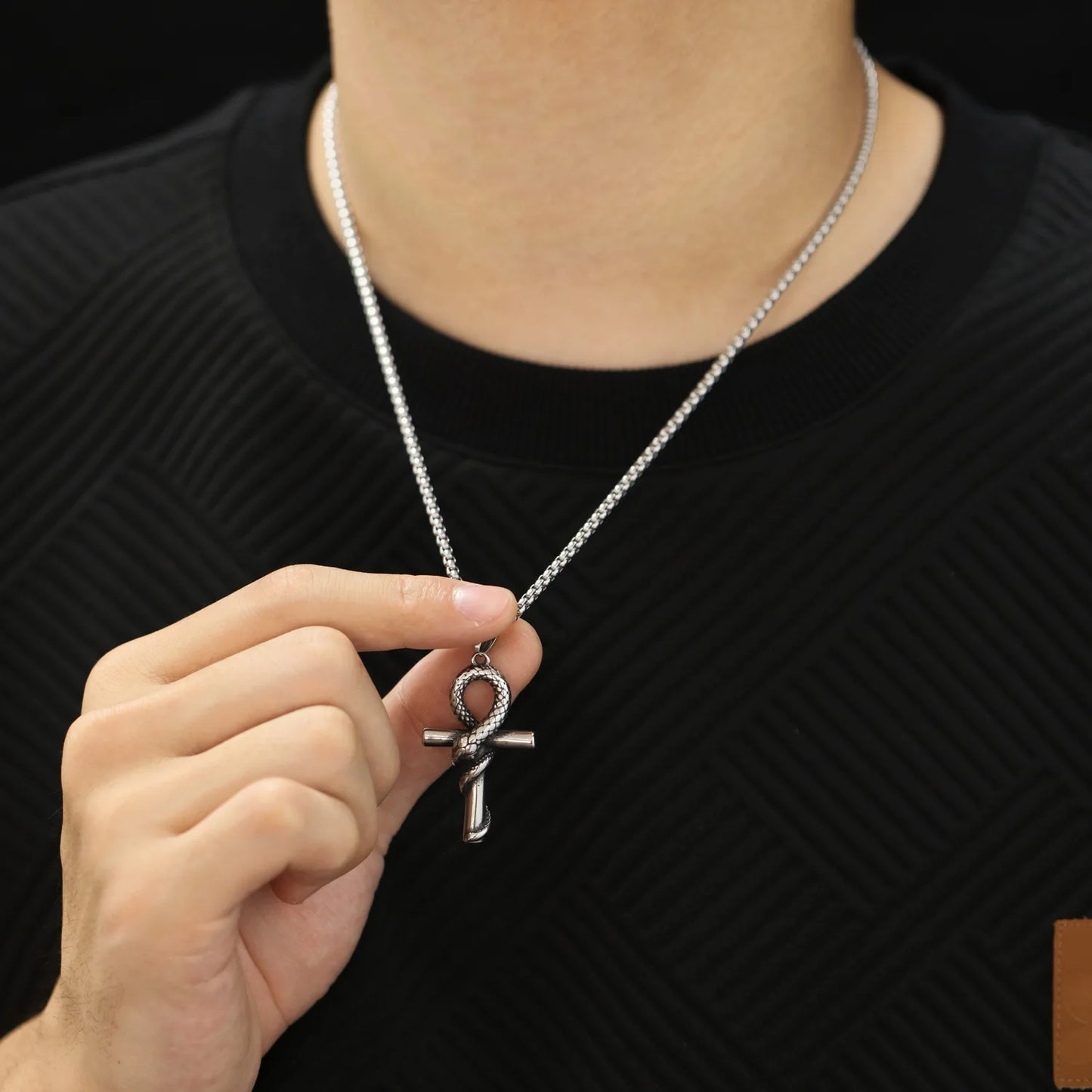 Stainless Steel Snake Cross Pendant Necklace for Men Women Vintage Egyptian Ankh Jewerly