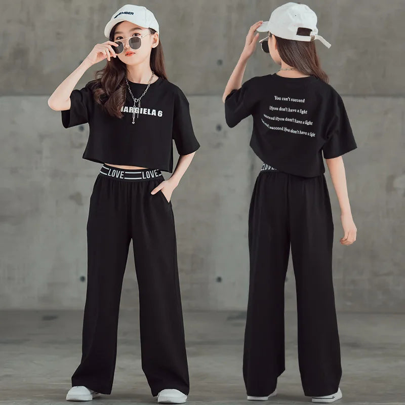 5 6 7 8 9 10 11 12 13 14 Years Summer Teen Girls Clothing Sets Children Fashion Letter Tops + Pants 2Pcs Outfits Kids Tracksuit