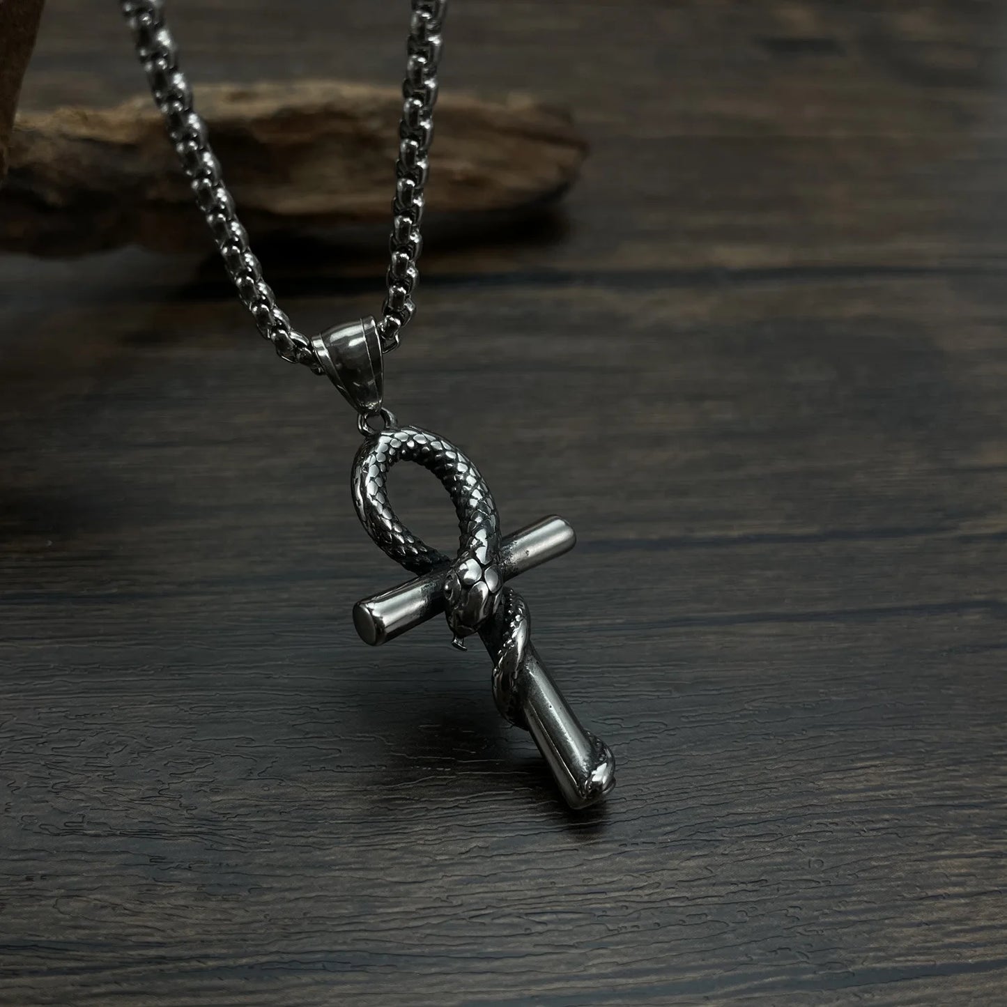 Stainless Steel Snake Cross Pendant Necklace for Men Women Vintage Egyptian Ankh Jewerly