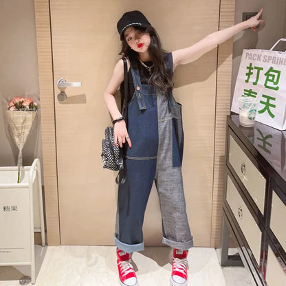 Teen Girls Overalls Autumn Fashion Kids Blue Denim Suspender Pants for Girls Casual Loos all-match Children Jumpsuits 10 12 13Y