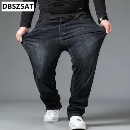 Men's Large Size Jeans Elastic Band NO 40  Oversize High Waist Loose Pant Husband Plus Size Fat Loose Black Male Denim Trouser